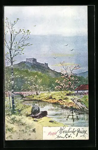 Künstler-AK April, Ein Tag am Bach im Frühling, Allegorie