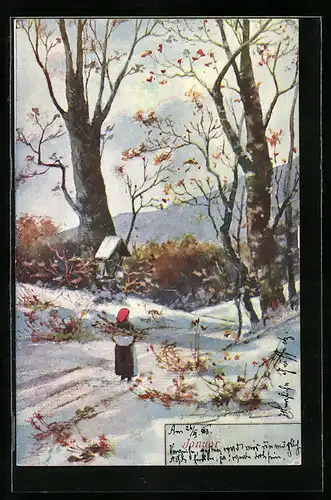Künstler-AK Januar, Frau im Schnee sammelt Holz, Allegorie