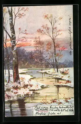 Künstler-AK Februar, Abendrot am Bachlauf