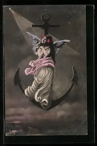 AK Nadeje, Hübsche Frau mit Flügeln sitzt auf einem Anker