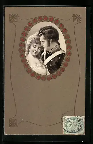 Künstler-AK Verliebtes Paar lehnt sich zärtlich aneinander, Biedermeier