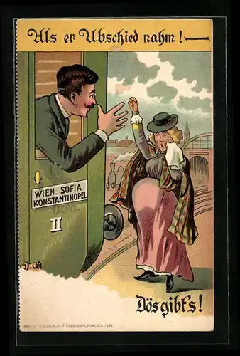 Künstler-AK Frau verabschiedet tränenreich und hochschwanger ihren Gatten