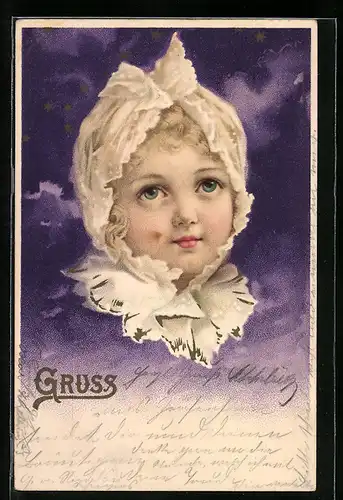 Lithographie Gesicht eines Mädchens mit Haube