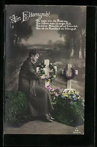 AK Am Elterngrab, Frau trauert am Grabe ihrer Eltern