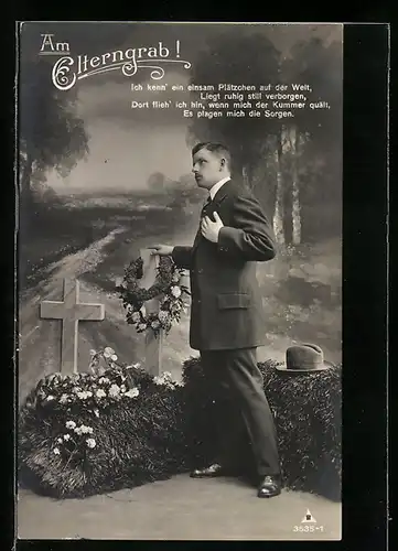 AK Am Elterngrab, Mann trauert voller Kummer am Grab seiner Eltern