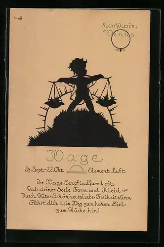 Künstler-AK Sternzeichen Wage, Element Luft, besitzt Güte, Schönheitsliebe und Freiheitssinn, Schattenbild