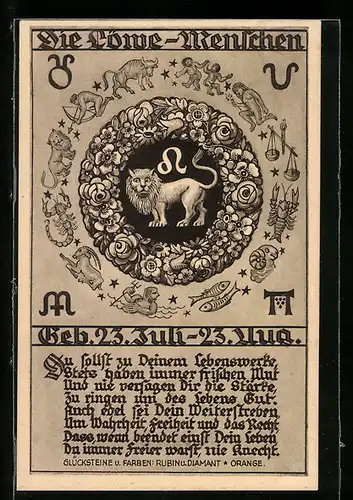 AK Sternzeichen Löwe: Du sollst zu Deinem Lebenswerke, stets haben immer frischen Mut...