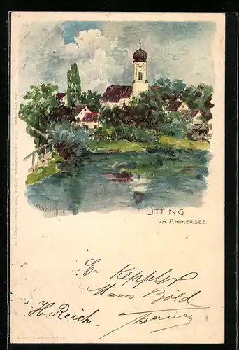 Lithographie Utting /Ammersee, Uferpartie mit Kirche