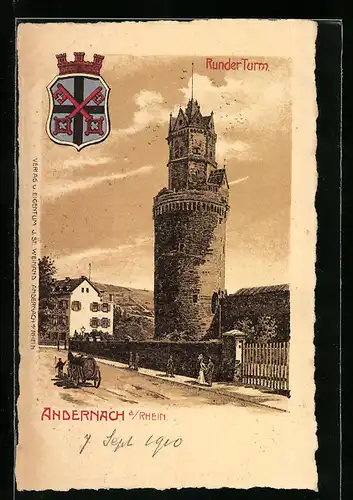 Lithographie Andernach a. Rh., Runder Turm mit Strassenpartie