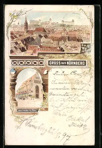 Lithographie Nürnberg, Ortsansicht, Am Bratwurstglöckl