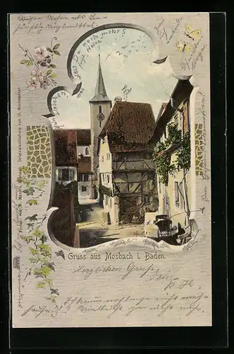 AK Mosbach i. Baden, Ortspartie mit Blick auf Kirche