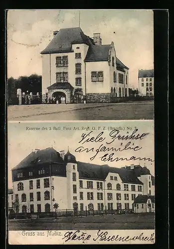 AK Mainz, Blick auf die Kaserne des 2 Batl. Fuss Art. Regt. G. F. Z. No. 3