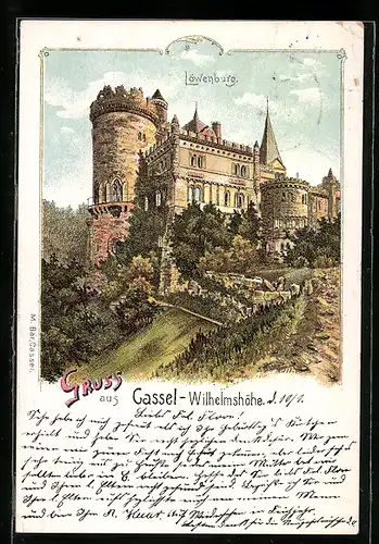 Lithographie Kassel-Wilhelmshöhe, Blick zur Löwenburg