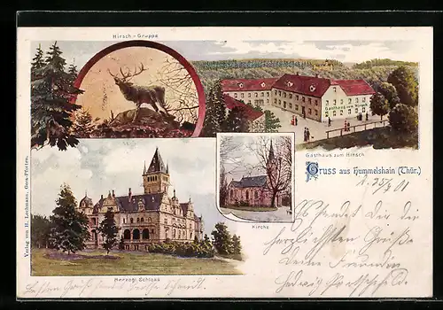 Lithographie Hummelshain i. Thür., Gasthaus zum Hirsch, Kirche und Herzogl. Schloss