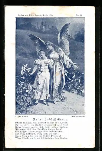 Künstler-AK Arno von Riesen: An der Kindheit Grenze, Mädchen mit Schutzengel