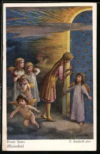 Künstler-AK Oskar Herrfurth: Märchen vom Marienkind, Mädchen an der Himmelspforte