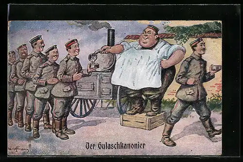 Künstler-AK Ad. Hoffmann: Soldaten bei der Essensausgabe an der Gulaschkanone