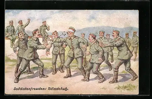 Künstler-AK Ad. Hoffmann: Soldaten spielen Blindekuh
