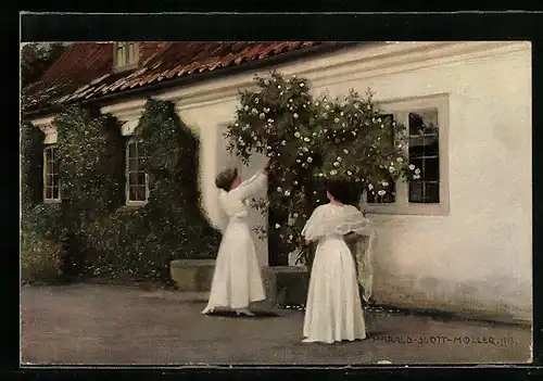 Künstler-AK sign. H. Slott-Moller: Damen pflücken Weisse Rosen, Dänische Kunst