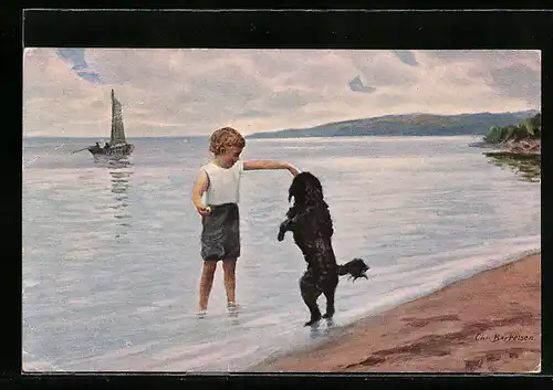 Künstler-AK sign. Chr. Berthelsen: Dänische Kunst, Junge spielt mit Hund am Strand