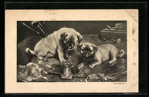 Künstler-AK C.Reichert: Hundewelpen auf einer Mischpalette neben Malerutensilien
