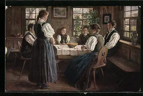 Künstler-AK Wilhelm Hasemann: Familie in Tracht beim Tischgebet