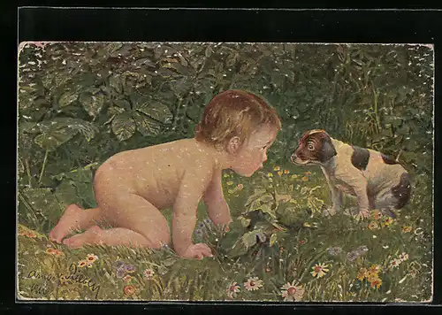 Künstler-AK Arno von Riesen: Baby und Welpe auf einer Blumenwiese