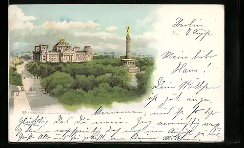 Lithographie Berlin-Tiergarten, Ortsansicht mit Siegessäule und Reichstagsgebäude