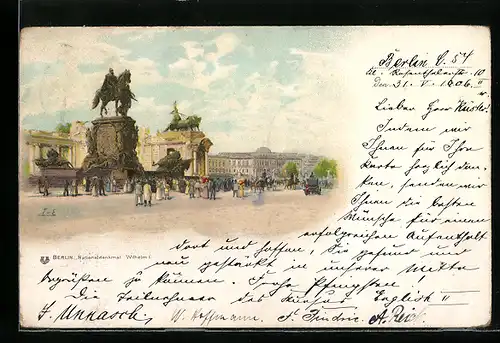 Lithographie Berlin, Nationaldenkmal Wilhelm I. mit Besuchern