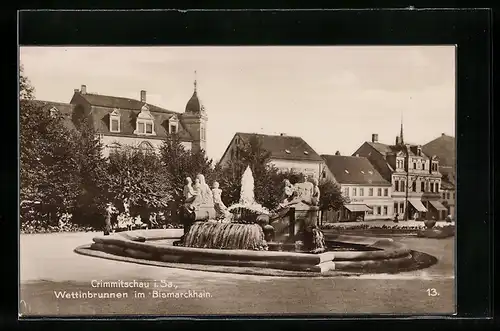 AK Crimmitschau i. Sa., Wettinbrunnen im Bismarckhain