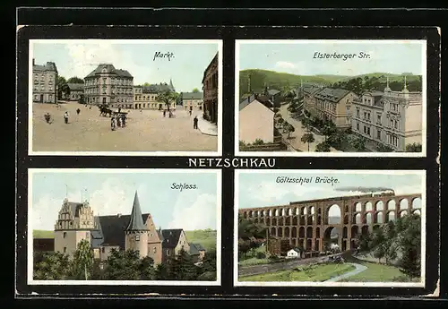 AK Netzschkau, Ortsansichten mit Markt, Schloss und Göltzschtal Brücke