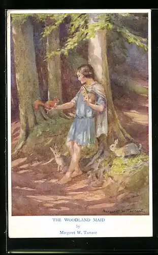 Künstler-AK Margaret W. Tarrant: Mädchen spricht zu den Tieren im Wald, The Woodland Maiden