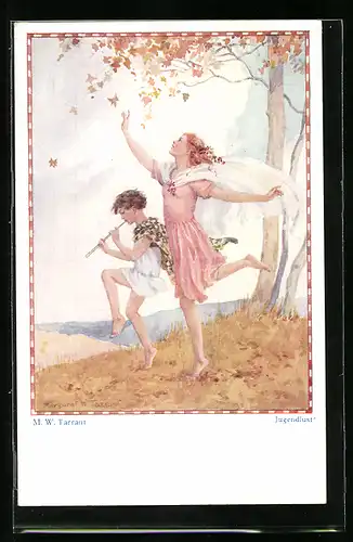Künstler-AK Margaret W. Tarrant: An Autumn Melody, Junge spielt für Mädchen auf der Flöte