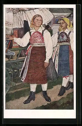 Künstler-AK Kärnten, Galitaler Brautwagen, Frauen in Trachten gesehen