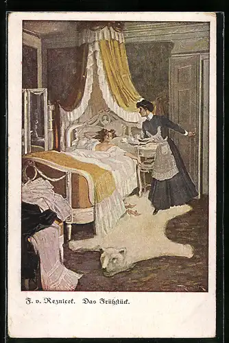 Künstler-AK Ferdinand von Reznicek: Das Frühstück, Dame wird von Hausmädchen bedient