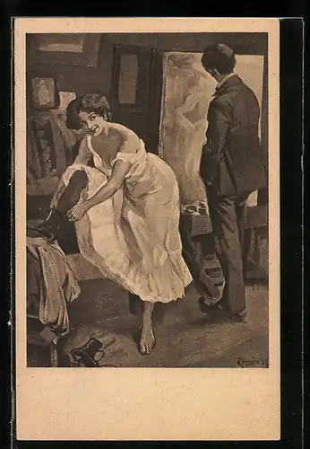 Künstler-AK Ferdinand von Reznicek: Mann beobachtet ein sich ankleidenes Fräulein durch einen Spiegel