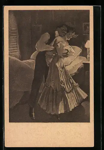 Künstler-AK Ferdinand von Reznicek: Zu Hause, Mann verführt seine Liebste im Schlafzimmer