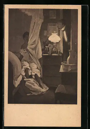 Künstler-AK Ferdinand von Reznicek: Frau versteckt sich hinter dem Bettvorhang vor den Blicken eines Mannes