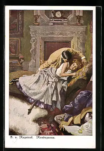 Künstler-AK Ferdinand von Reznicek: Rendezvous, Verehrer küsst seine Geliebte auf die Schulter