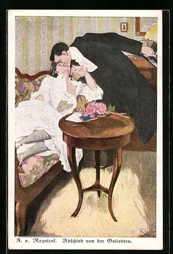 Künstler-AK Ferdinand von Reznicek: Abschied mit einem Kuss von der Geliebten