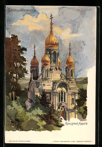 Künstler-AK C. Pfaff: Wiesbaden, Russisch griechische Kapelle aus der Vogelschau
