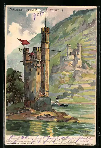 Künstler-AK C. Pfaff: Bingen, Mäuseturm und Ruine Ehrenfels