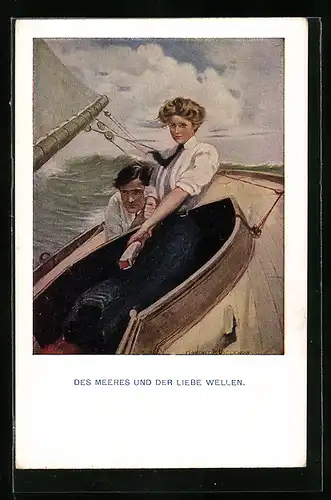 Künstler-AK Clarence F. Underwood: Des Meeres und der Liebe Wellen, Liebespaar bei einer Bootstour auf stürmischer See