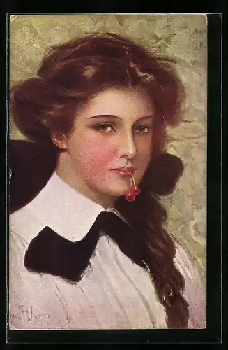 Künstler-AK Clarence F. Underwood: Junge Frau mit Kirschen im Mund