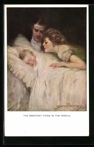 Künstler-AK Clarence F. Underwood: Unser grösstes Glück!, Elternpaar bestaunt schlafendes Kind