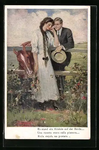 Künstler-AK Clarence F.Underwood: Liebespaar auf der Pferdekoppel, Pferd