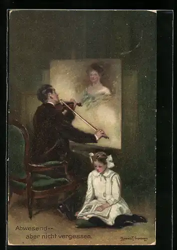 Künstler-AK Clarence F. Underwood: Mann spielt seiner Liebsten ein Ständchen auf der Geige
