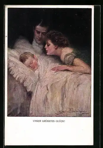 Künstler-AK Clarence F. Underwood: Unser grösstes Glück!, Elternpaar bestaunt schlafendes Kind