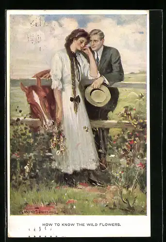 Künstler-AK Clarence F.Underwood: Liebespaar auf der Pferdekoppel, Pferd