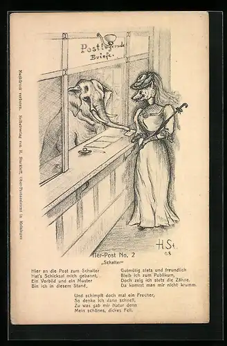 Künstler-AK H. Starkloff: Vermenschlichte Tiere am Postschalter, Elefant